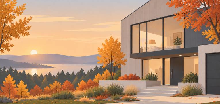 Fall illustration of a home near a lake